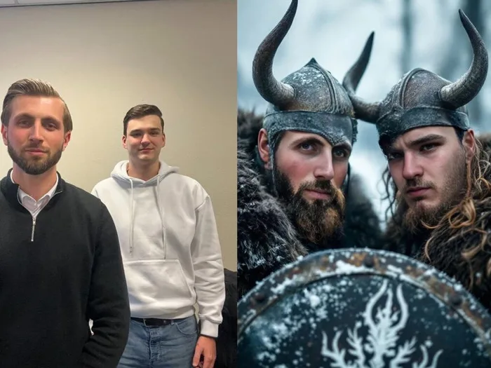 AI photobooth voor- en na-voorbeeld met viking-thema transformatie